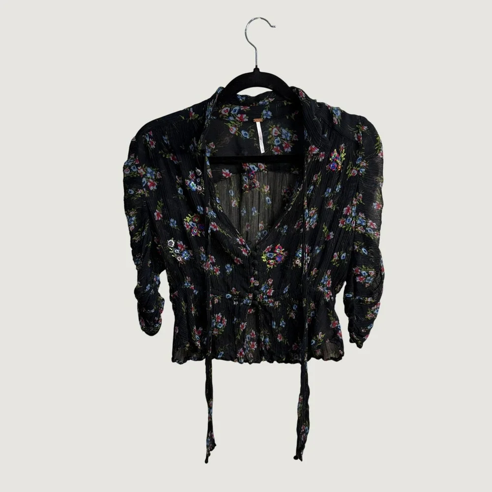 Free People Black Embroidered Floral Crinkle Sheer Smocked Peplum Top Cottage S